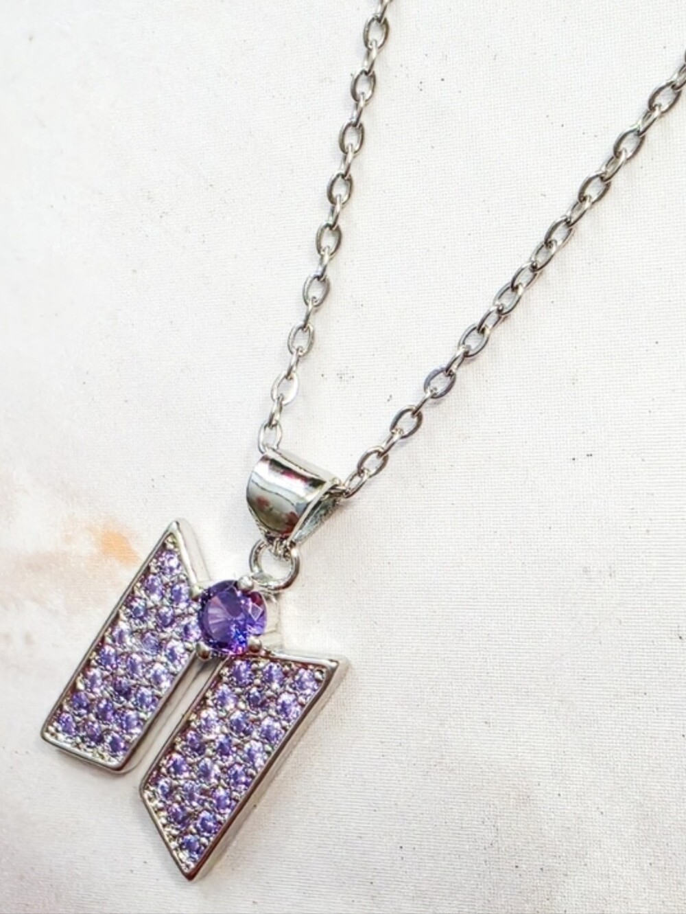 BTS Inspired Purple Crystal Logo Necklace Kpop ARMY Fan Jewelry Silver Tone - Picture 5 of 7